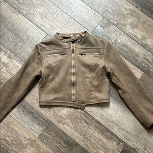 Cropped Brown Moto Jacket with Zip Pockets